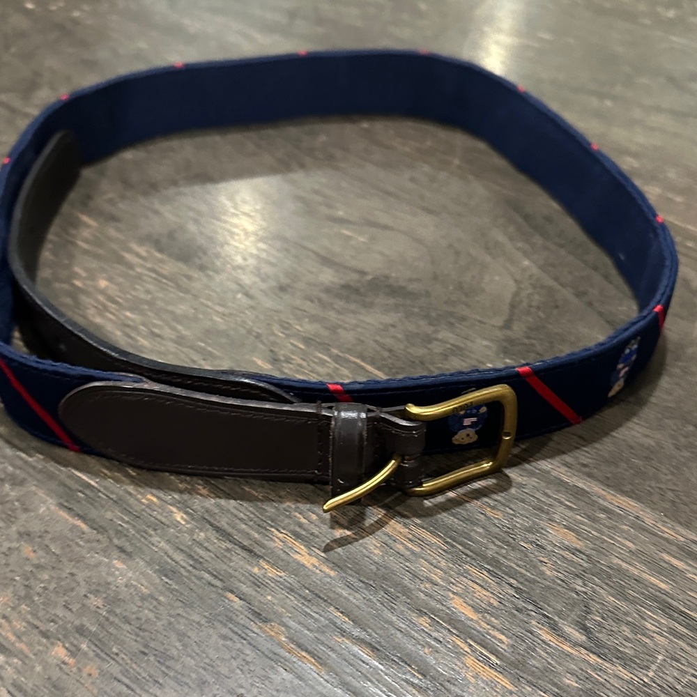 Polo by Ralph Lauren Navy Blue Belt with Red Stripe and Brown Leather Trim